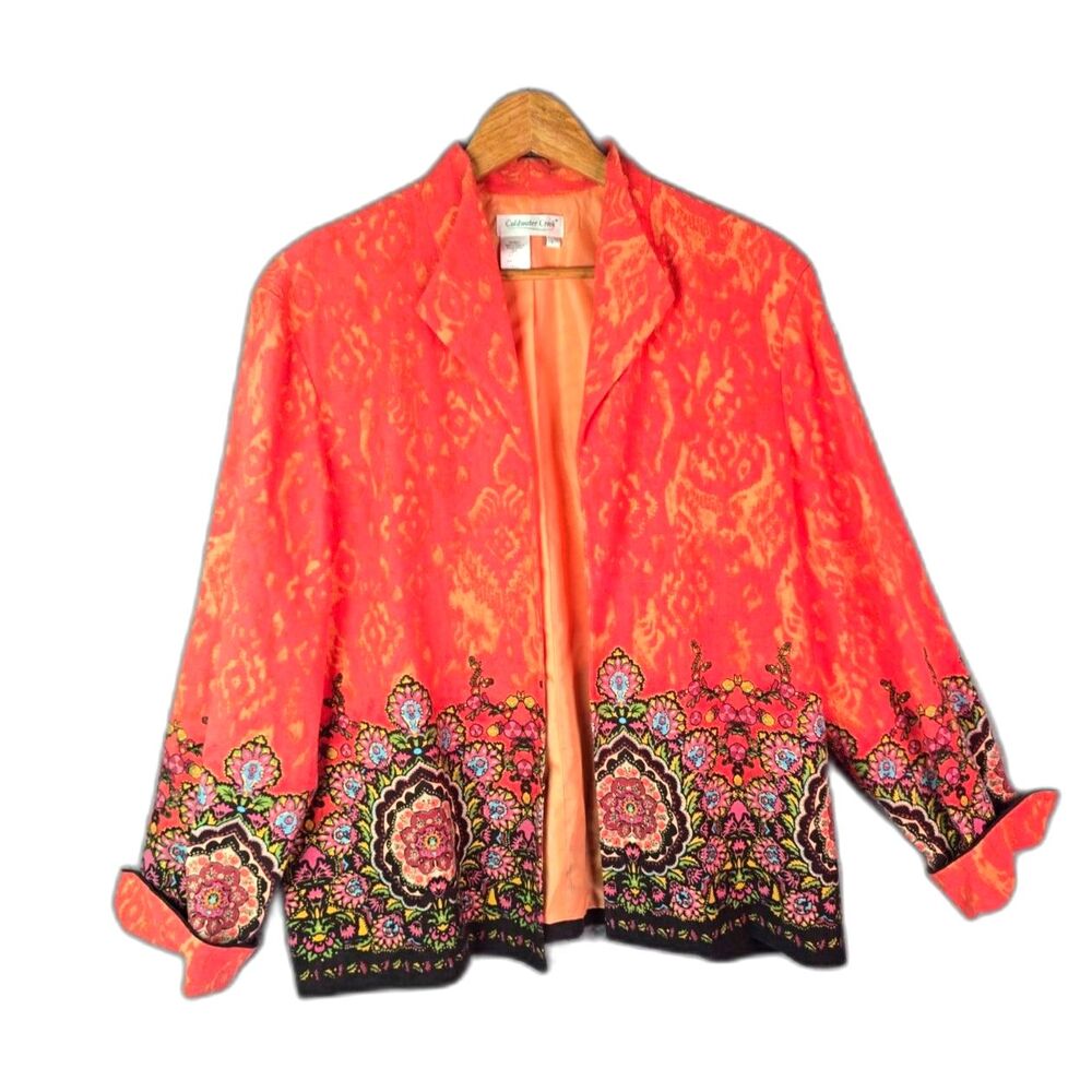 Coldwater Creek Jacket Coral Ikat L Boho Linen Cotton Open Front Topper